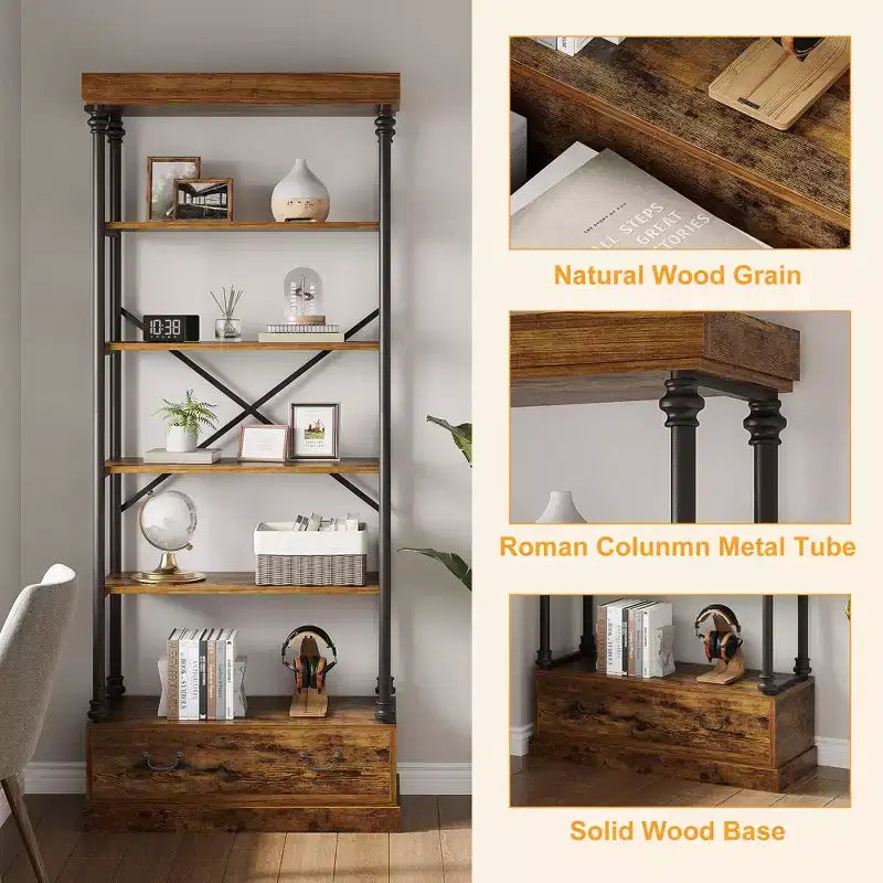 Libreria alta 81.3 - Scaffale a 5 ripiani con cassetti, Struttura in metallo vintage, Scaffale espositivo, Mobile contenitore per ufficio, soggiorno, camera da letto, bagno
