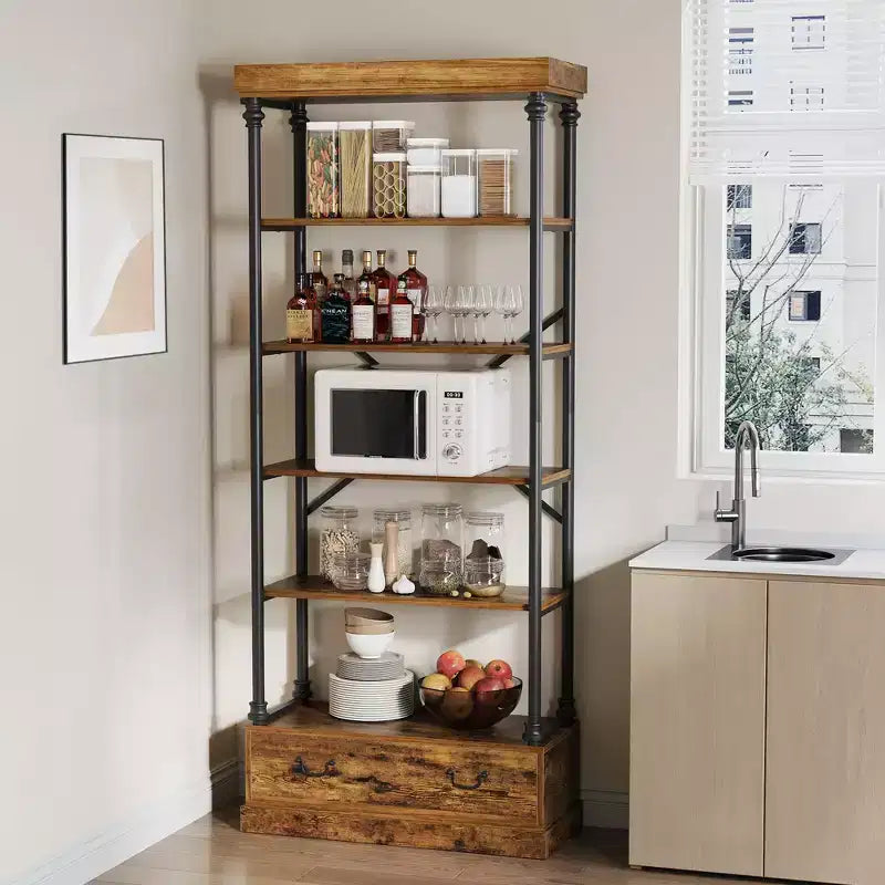 Libreria alta 81.3 - Scaffale a 5 ripiani con cassetti, Struttura in metallo vintage, Scaffale espositivo, Mobile contenitore per ufficio, soggiorno, camera da letto, bagno