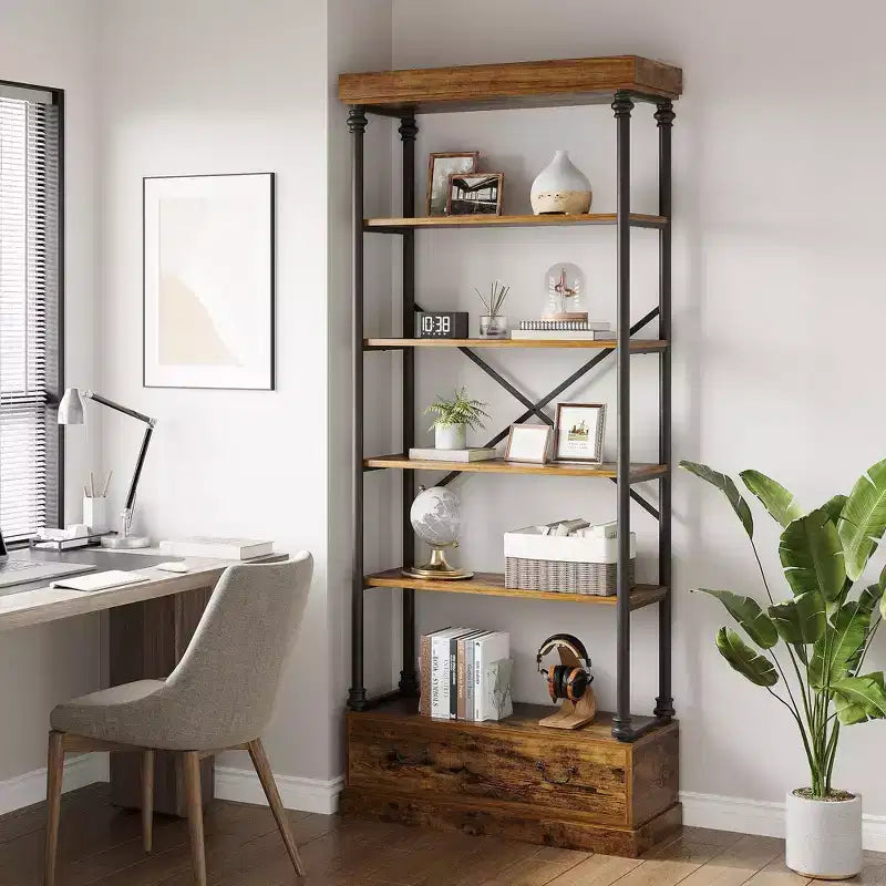 Libreria alta 81.3 - Scaffale a 5 ripiani con cassetti, Struttura in metallo vintage, Scaffale espositivo, Mobile contenitore per ufficio, soggiorno, camera da letto, bagno