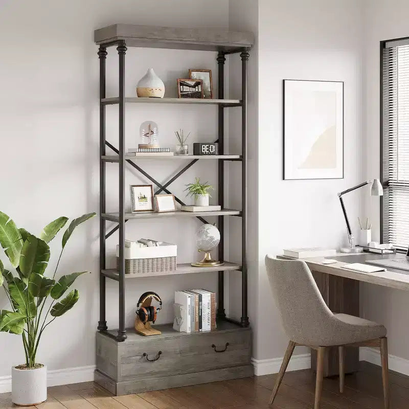 Libreria alta 81.3 - Scaffale a 5 ripiani con cassetti, Struttura in metallo vintage, Scaffale espositivo, Mobile contenitore per ufficio, soggiorno, camera da letto, bagno