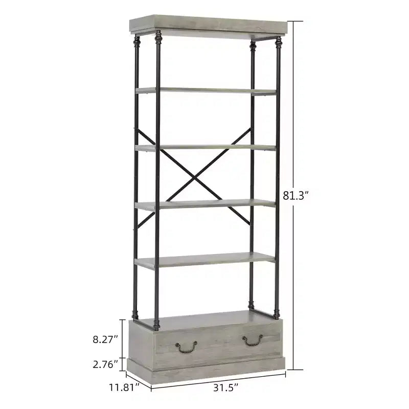 Libreria alta 81.3 - Scaffale a 5 ripiani con cassetti, Struttura in metallo vintage, Scaffale espositivo, Mobile contenitore per ufficio, soggiorno, camera da letto, bagno