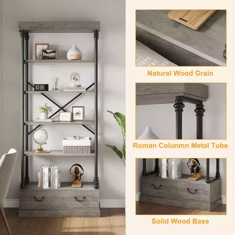 Libreria alta 81.3 - Scaffale a 5 ripiani con cassetti, Struttura in metallo vintage, Scaffale espositivo, Mobile contenitore per ufficio, soggiorno, camera da letto, bagno
