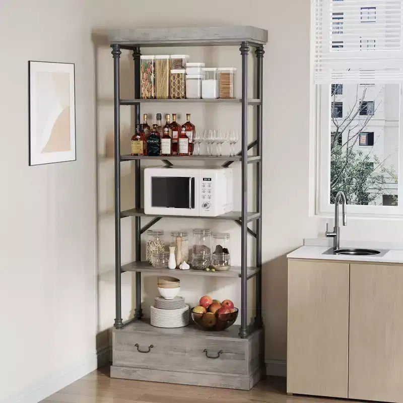 Libreria alta 81.3 - Scaffale a 5 ripiani con cassetti, Struttura in metallo vintage, Scaffale espositivo, Mobile contenitore per ufficio, soggiorno, camera da letto, bagno