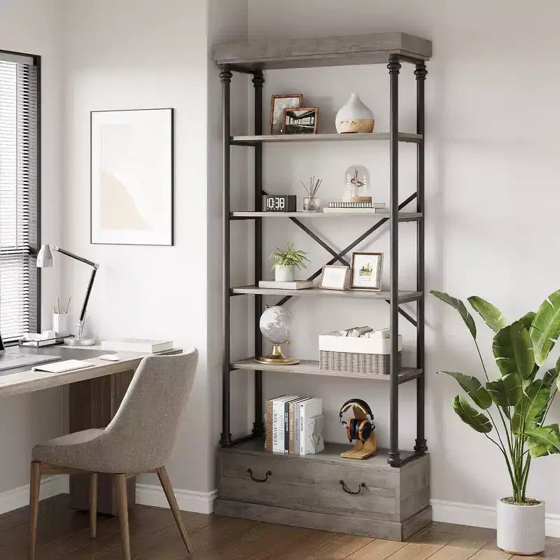 Libreria alta 81.3 - Scaffale a 5 ripiani con cassetti, Struttura in metallo vintage, Scaffale espositivo, Mobile contenitore per ufficio, soggiorno, camera da letto, bagno