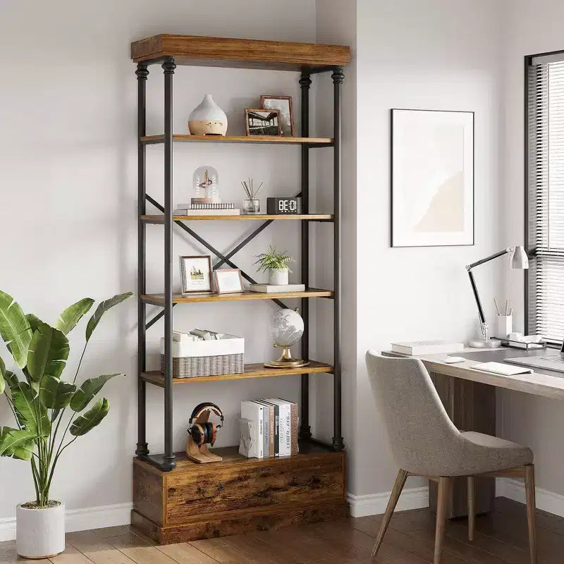 Libreria alta 81.3 - Scaffale a 5 ripiani con cassetti, Struttura in metallo vintage, Scaffale espositivo, Mobile contenitore per ufficio, soggiorno, camera da letto, bagno