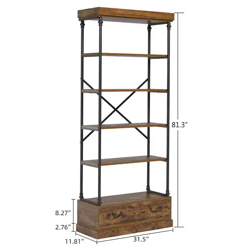 Libreria alta 81.3 - Scaffale a 5 ripiani con cassetti, Struttura in metallo vintage, Scaffale espositivo, Mobile contenitore per ufficio, soggiorno, camera da letto, bagno