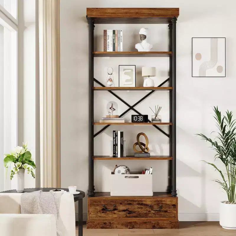 Libreria alta 81.3 - Scaffale a 5 ripiani con cassetti, Struttura in metallo vintage, Scaffale espositivo, Mobile contenitore per ufficio, soggiorno, camera da letto, bagno