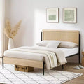 Full/Queen bed frame with curved metal rattan headboard and wooden footboard platform with under bed storage