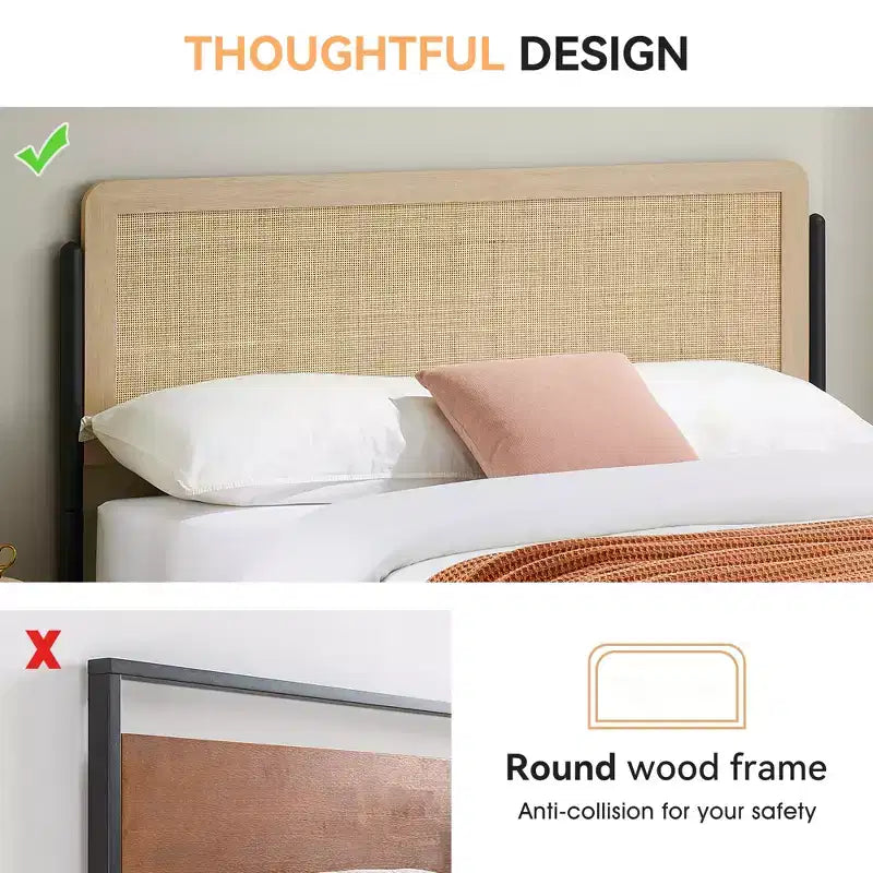 Struttura letto matrimoniale con testiera ricurva in metallo e rattan e pediera in legno con piattaforma e contenitore sottoletto