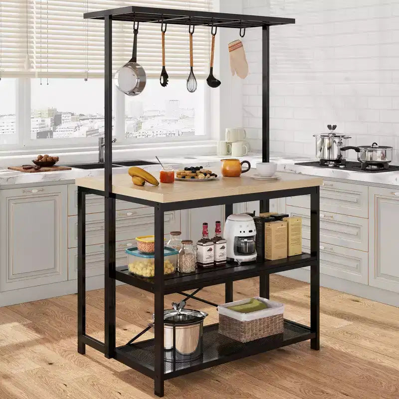 Grande isola da cucina con ripiano per forni e ripiani a 3 livelli, supporto per microonde, ripiano per forno, tavolo da bar in metallo, scaffale per cucina, 5 ganci