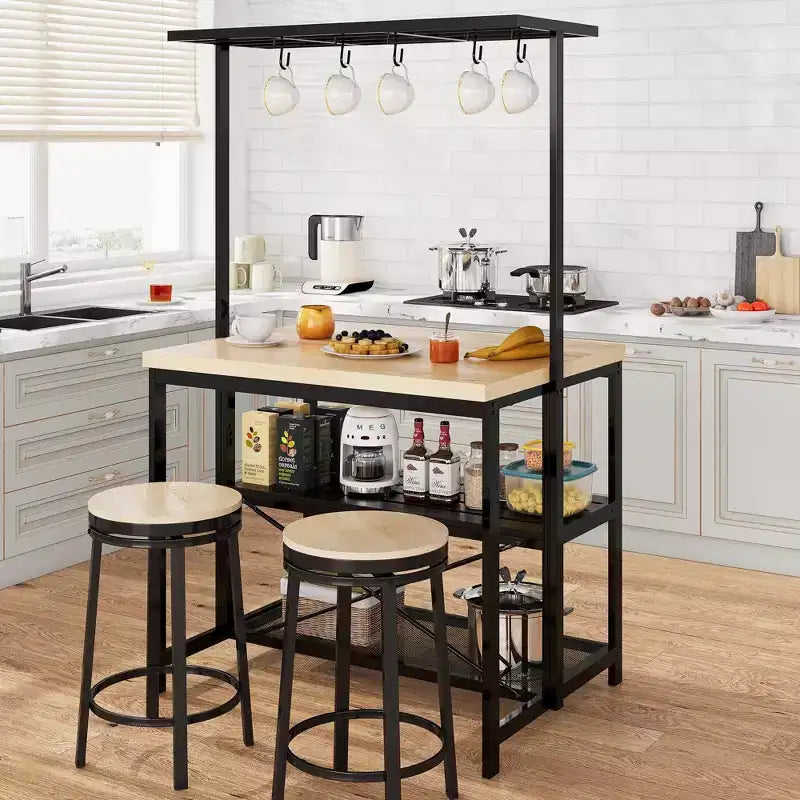 Grande isola da cucina con ripiano per forni e ripiani a 3 livelli, supporto per microonde, ripiano per forno, tavolo da bar in metallo, scaffale per cucina, 5 ganci
