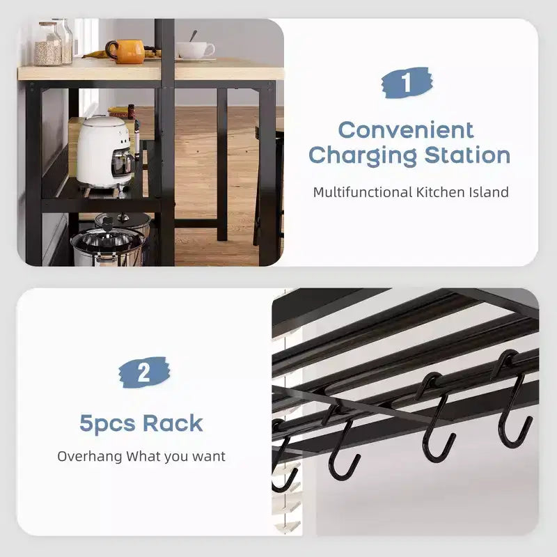 Grande isola da cucina con ripiano per forni e ripiani a 3 livelli, supporto per microonde, ripiano per forno, tavolo da bar in metallo, scaffale per cucina, 5 ganci