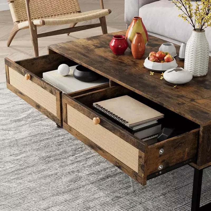 Tavolino da Caffè in Rattan con 2 Cassetti 115,8 cm Tavolino da Caffè in Legno con Contenitore Tavolo da Pranzo Boho Tavolini Piccoli per Soggiorno