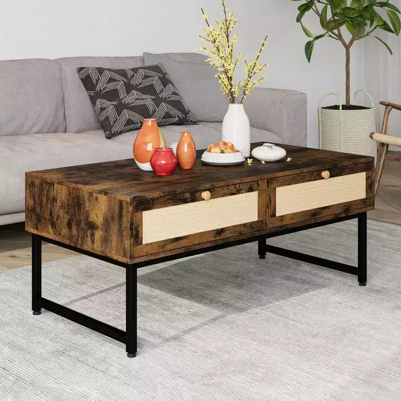 Tavolino da Caffè in Rattan con 2 Cassetti 115,8 cm Tavolino da Caffè in Legno con Contenitore Tavolo da Pranzo Boho Tavolini Piccoli per Soggiorno