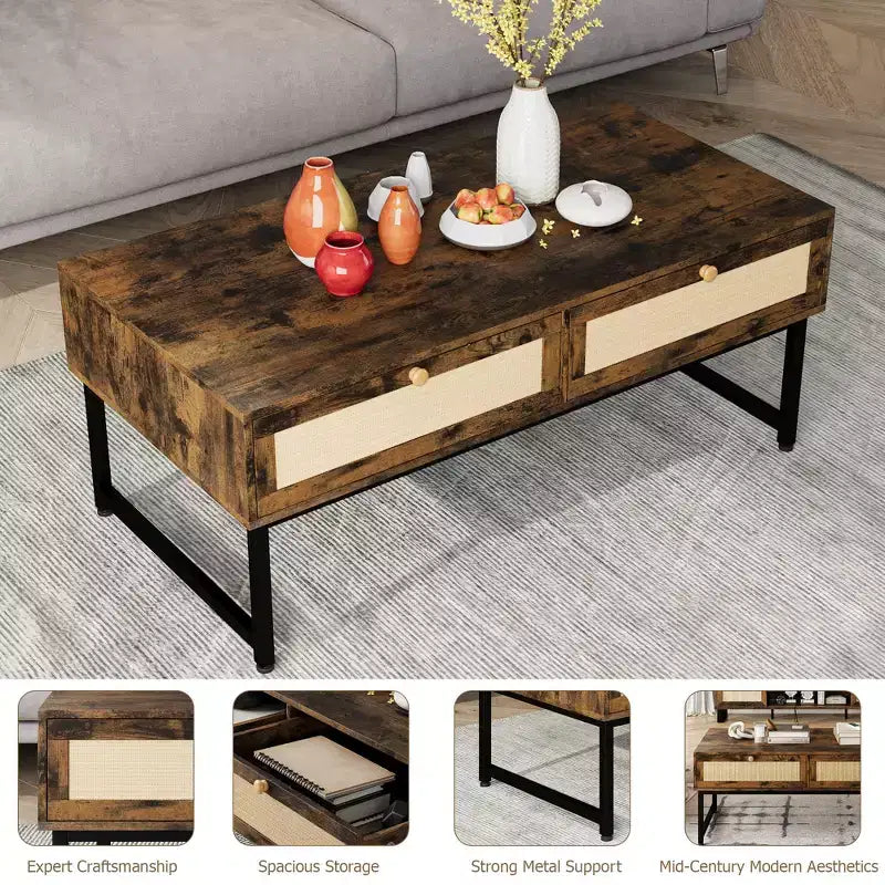 Tavolino da Caffè in Rattan con 2 Cassetti 115,8 cm Tavolino da Caffè in Legno con Contenitore Tavolo da Pranzo Boho Tavolini Piccoli per Soggiorno