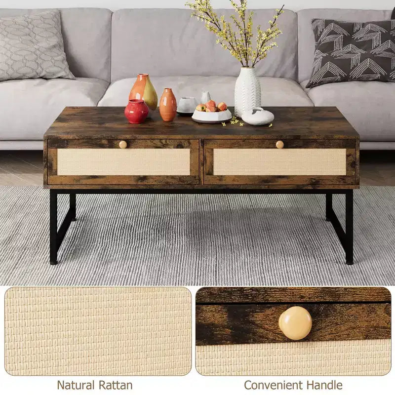 Tavolino da Caffè in Rattan con 2 Cassetti 115,8 cm Tavolino da Caffè in Legno con Contenitore Tavolo da Pranzo Boho Tavolini Piccoli per Soggiorno