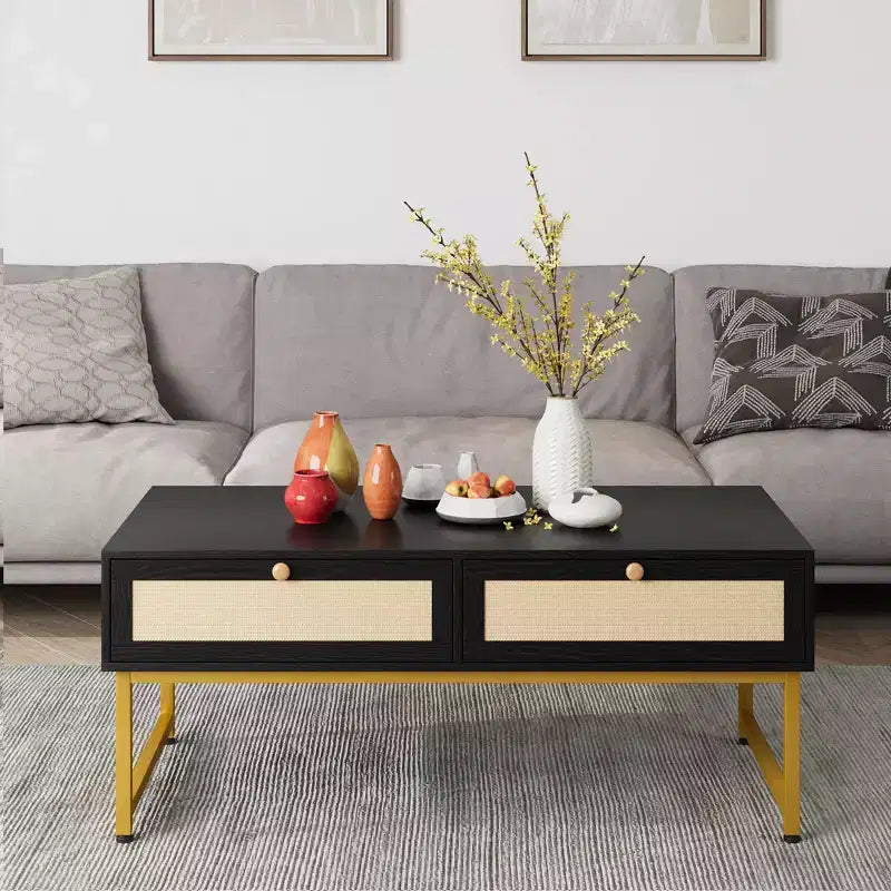Tavolino da Caffè in Rattan con 2 Cassetti 115,8 cm Tavolino da Caffè in Legno con Contenitore Tavolo da Pranzo Boho Tavolini Piccoli per Soggiorno