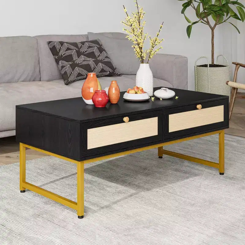 Tavolino da Caffè in Rattan con 2 Cassetti 115,8 cm Tavolino da Caffè in Legno con Contenitore Tavolo da Pranzo Boho Tavolini Piccoli per Soggiorno