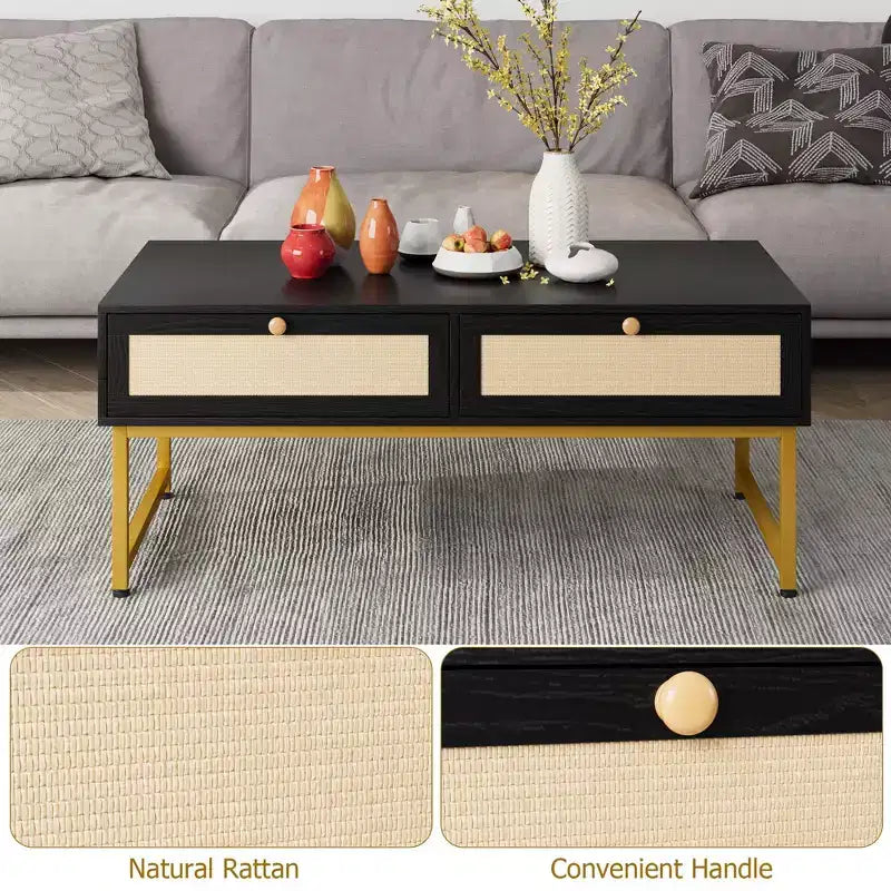 Tavolino da Caffè in Rattan con 2 Cassetti 115,8 cm Tavolino da Caffè in Legno con Contenitore Tavolo da Pranzo Boho Tavolini Piccoli per Soggiorno