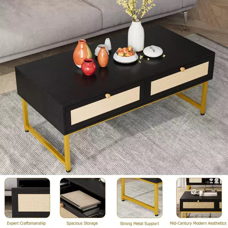 Tavolino da Caffè in Rattan con 2 Cassetti 115,8 cm Tavolino da Caffè in Legno con Contenitore Tavolo da Pranzo Boho Tavolini Piccoli per Soggiorno