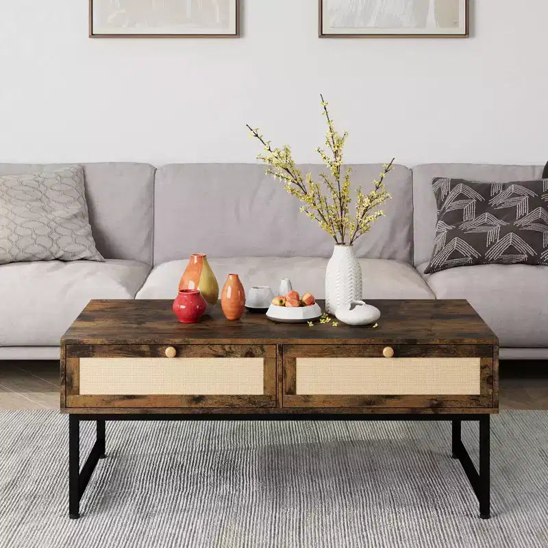 Tavolino da Caffè in Rattan con 2 Cassetti 115,8 cm Tavolino da Caffè in Legno con Contenitore Tavolo da Pranzo Boho Tavolini Piccoli per Soggiorno