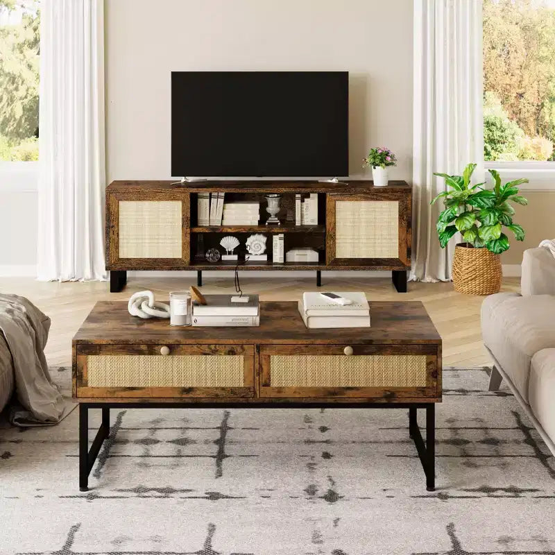 Tavolino da Caffè in Rattan con 2 Cassetti 115,8 cm Tavolino da Caffè in Legno con Contenitore Tavolo da Pranzo Boho Tavolini Piccoli per Soggiorno