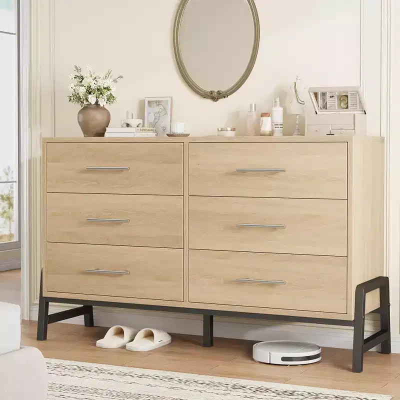 Cassettiera Rattan a 6 Cassetti con Stazione di Ricarica, Cassettiera Contenitore per Camera da Letto Soggiorno Corridoio