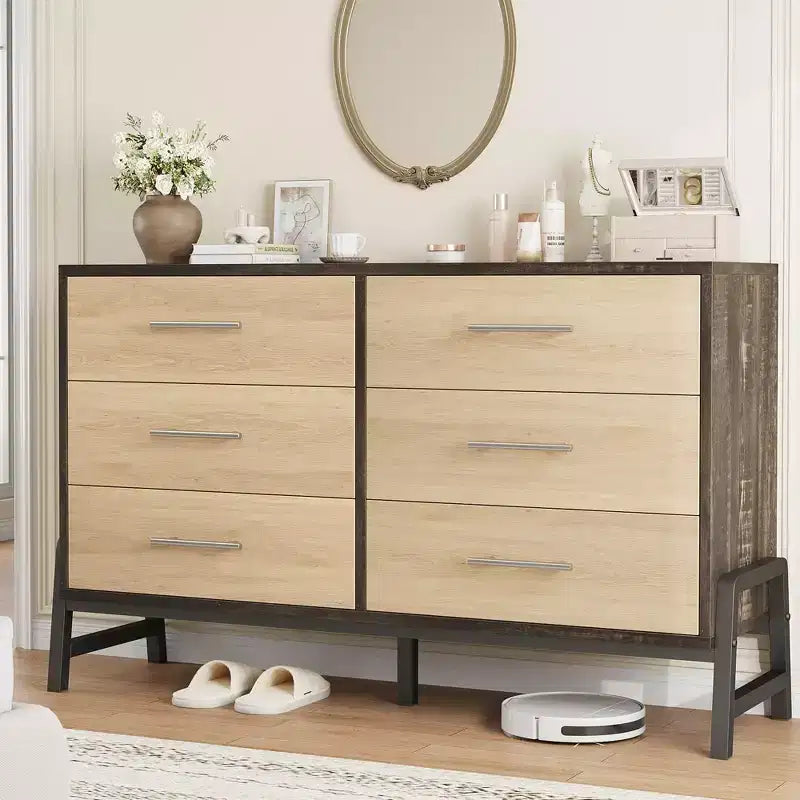 Cassettiera Rattan a 6 Cassetti con Stazione di Ricarica, Cassettiera Contenitore per Camera da Letto Soggiorno Corridoio