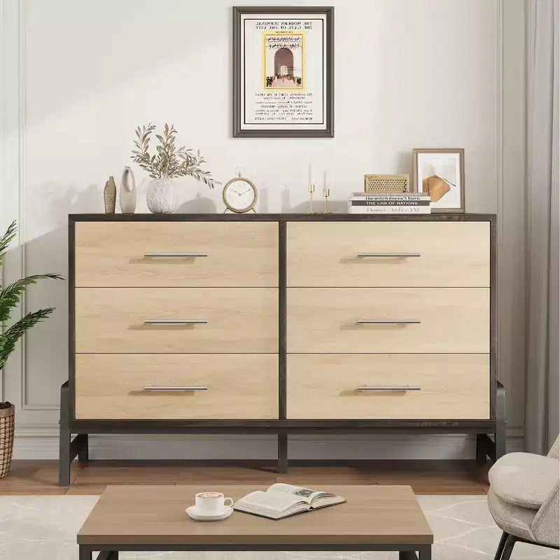 Cassettiera Rattan a 6 Cassetti con Stazione di Ricarica, Cassettiera Contenitore per Camera da Letto Soggiorno Corridoio