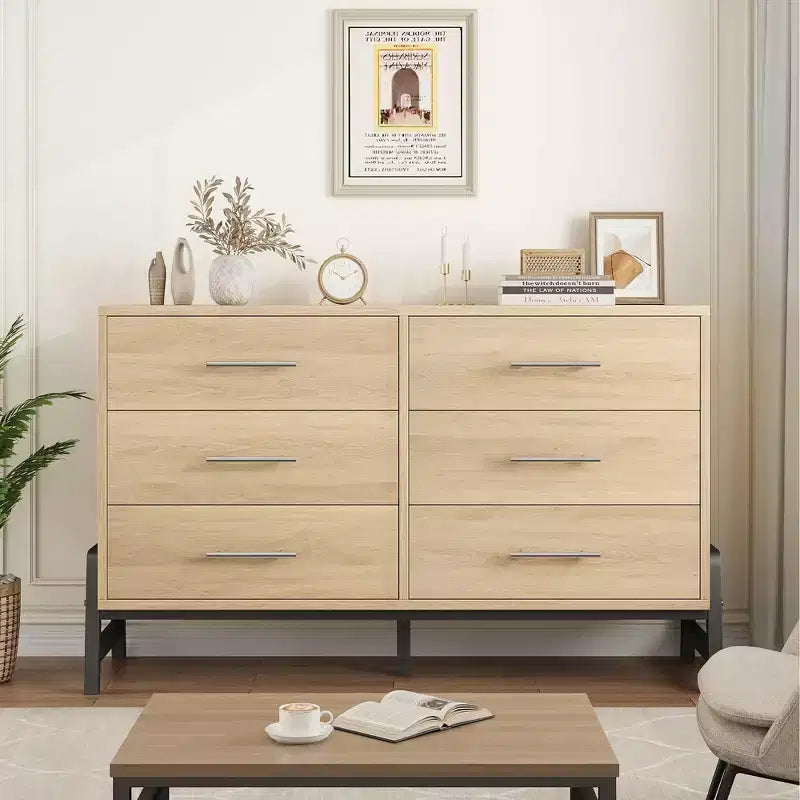 Cassettiera Rattan a 6 Cassetti con Stazione di Ricarica, Cassettiera Contenitore per Camera da Letto Soggiorno Corridoio