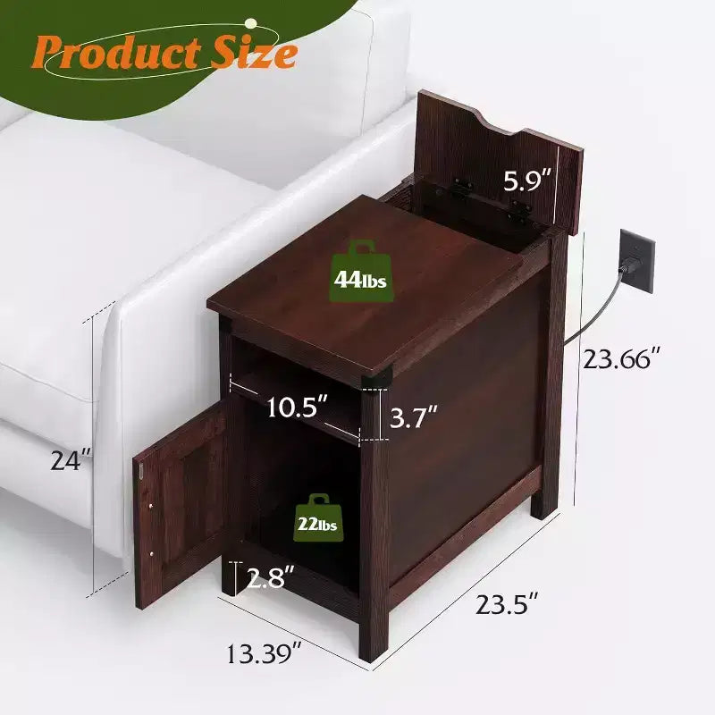 Tavolino da Divano in Stile Rustico con Stazione di Ricarica, Tavolini Stretti, USB e Prese Elettriche, Legno con Contenitore