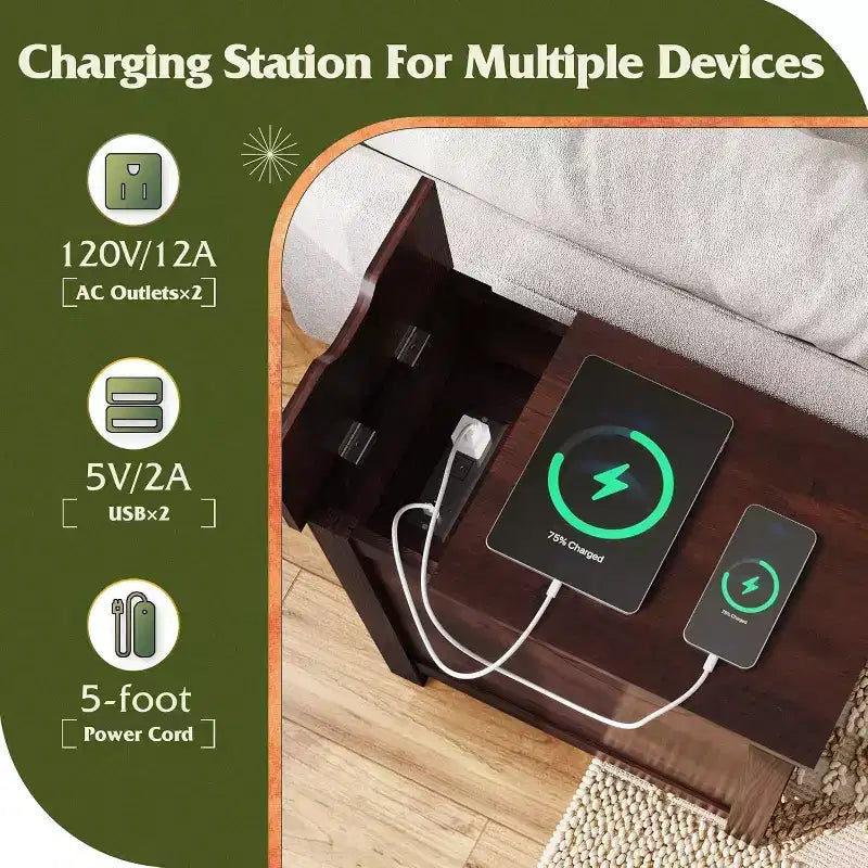 Tavolino da Divano in Stile Rustico con Stazione di Ricarica, Tavolini Stretti, USB e Prese Elettriche, Legno con Contenitore