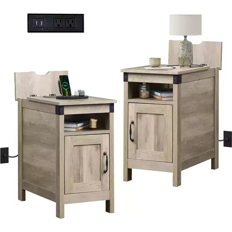 Tavolino da Divano in Stile Rustico con Stazione di Ricarica, Tavolini Stretti, USB e Prese Elettriche, Legno con Contenitore