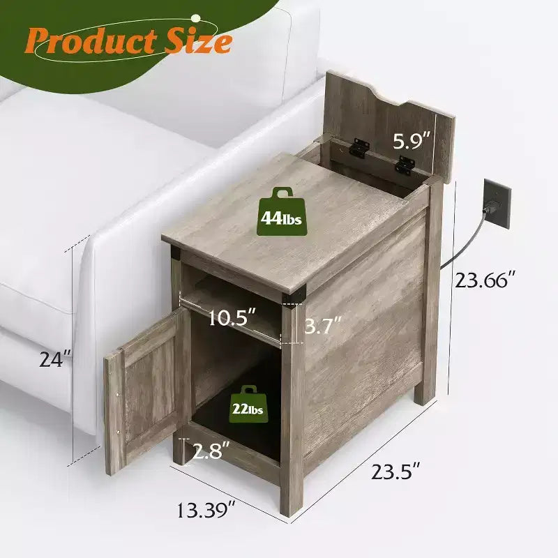 Tavolino da Divano in Stile Rustico con Stazione di Ricarica, Tavolini Stretti, USB e Prese Elettriche, Legno con Contenitore