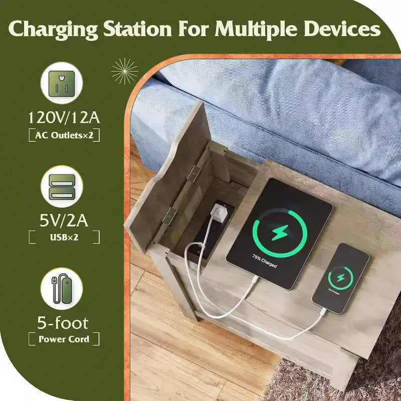 Tavolino da Divano in Stile Rustico con Stazione di Ricarica, Tavolini Stretti, USB e Prese Elettriche, Legno con Contenitore