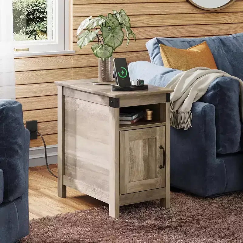 Tavolino da Divano in Stile Rustico con Stazione di Ricarica, Tavolini Stretti, USB e Prese Elettriche, Legno con Contenitore