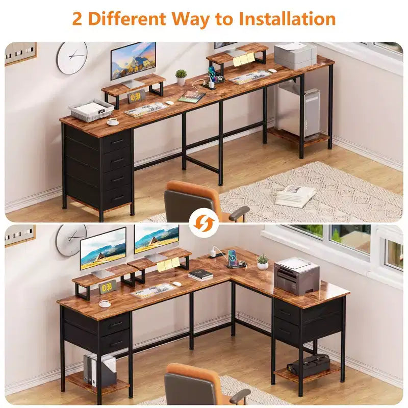 Scrivania per computer a L marrone da 66 pollici con stazione di ricarica, scrivania da gioco per due persone lunga 94,4 pollici, 4 cassetti, 2 supporti per monitor, storage per ufficio domestico