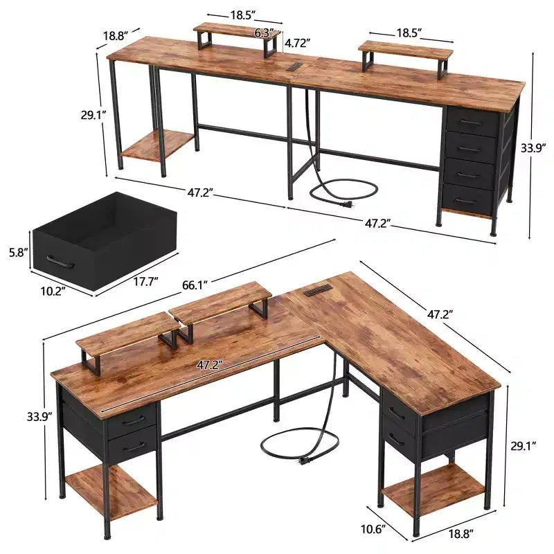 Scrivania per computer a L marrone da 66 pollici con stazione di ricarica, scrivania da gioco per due persone lunga 94,4 pollici, 4 cassetti, 2 supporti per monitor, storage per ufficio domestico