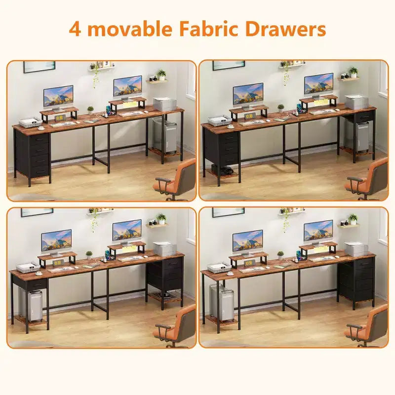 Scrivania per computer a L marrone da 66 pollici con stazione di ricarica, scrivania da gioco per due persone lunga 94,4 pollici, 4 cassetti, 2 supporti per monitor, storage per ufficio domestico