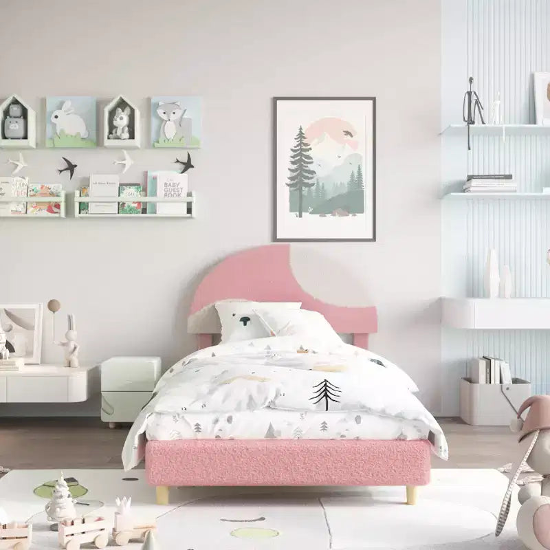 Senfot Twin/Full Bed Frame with Round Pink&White Boucle Headboard - Upholstered Arch Design, Wood Slat Support, No Box Spring Needed, Easy Setup