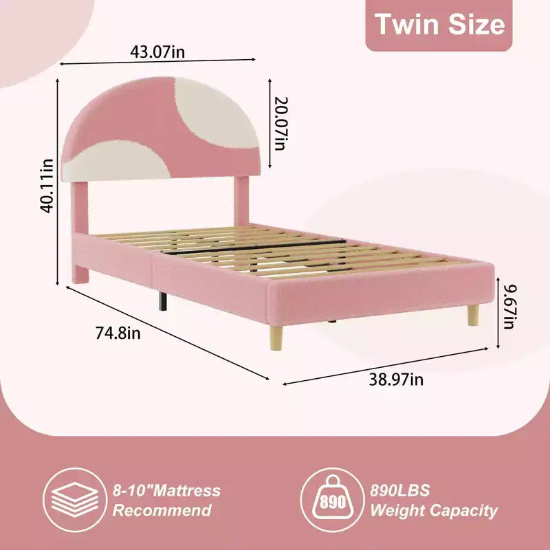 Struttura letto matrimoniale/una piazza e mezza con testiera in boucle rosa e bianca rotonda – Design ad arco imbottito, supporto a doghe in legno, non necessita di rete, facile da montare