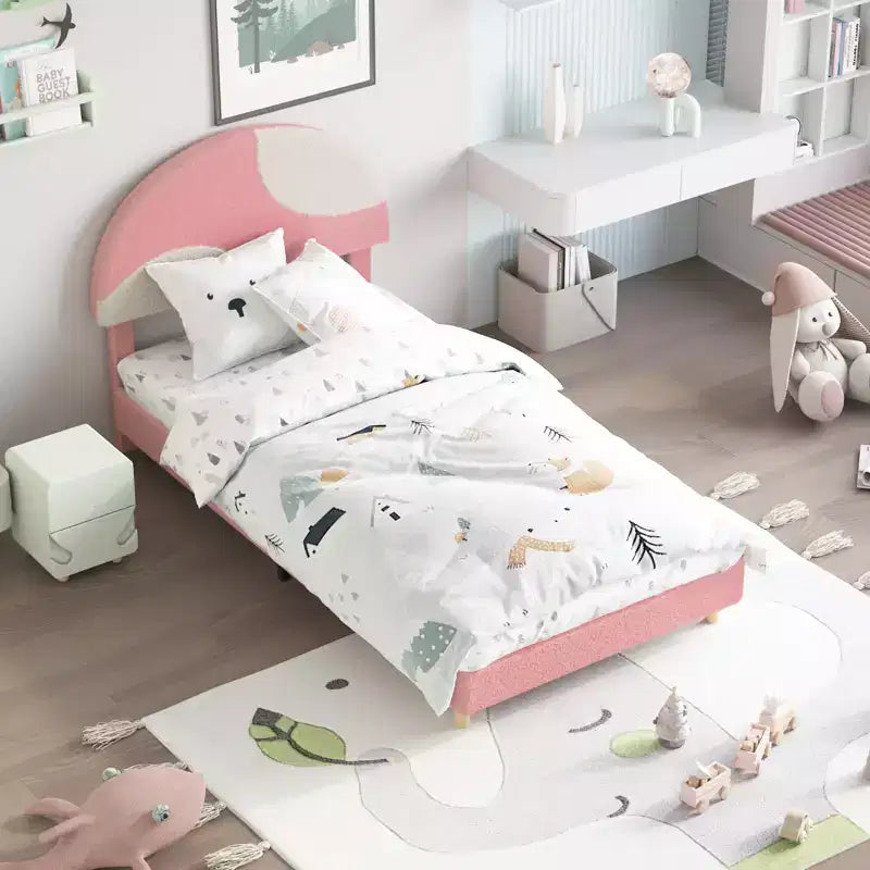 Struttura letto matrimoniale/una piazza e mezza con testiera in boucle rosa e bianca rotonda – Design ad arco imbottito, supporto a doghe in legno, non necessita di rete, facile da montare