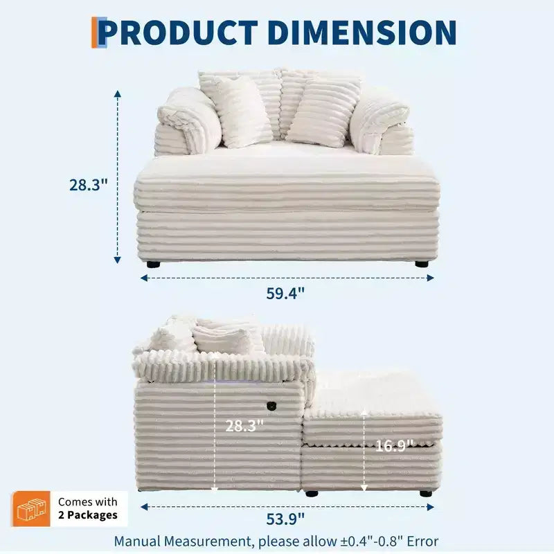 Chaise longue oversize da 60 pollici con USB/Type-C - Divano letto in velluto a coste con braccioli larghi per soggiorno