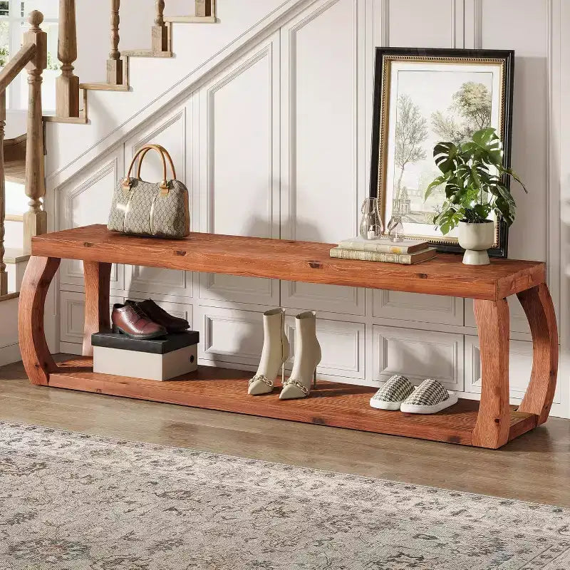 Panca da ingresso a 2 livelli da 150 cm in legno massello, panca rustica da fattoria con porta scarpe per camera da letto, cucina, corridoio, marrone rustico