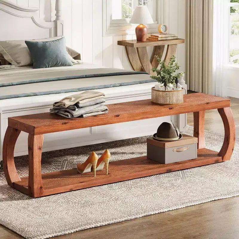 Panca da ingresso a 2 livelli da 150 cm in legno massello, panca rustica da fattoria con porta scarpe per camera da letto, cucina, corridoio, marrone rustico