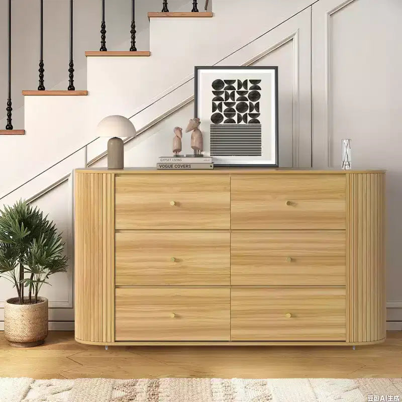 Cassettiera in legno a 6 cassetti con bordi curvi, cassettone con finitura rovere, contenitore stile Mid-Century Modern