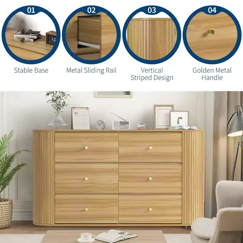 Cassettiera in legno a 6 cassetti con bordi curvi, cassettone con finitura rovere, contenitore stile Mid-Century Modern