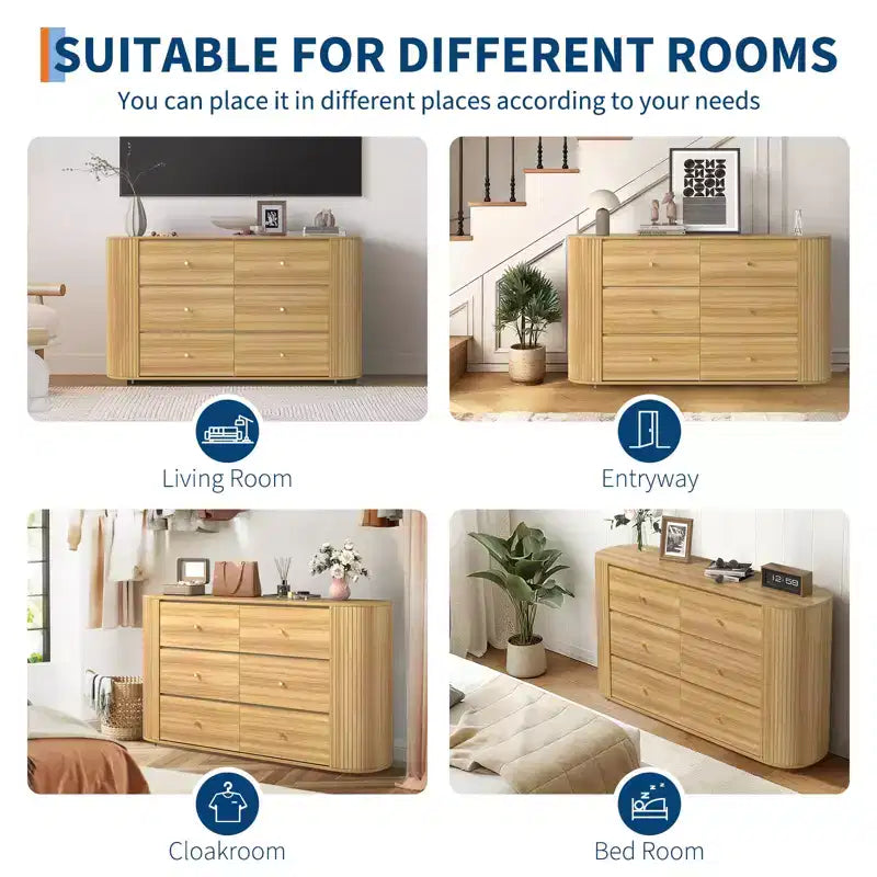 Cassettiera in legno a 6 cassetti con bordi curvi, cassettone con finitura rovere, contenitore stile Mid-Century Modern