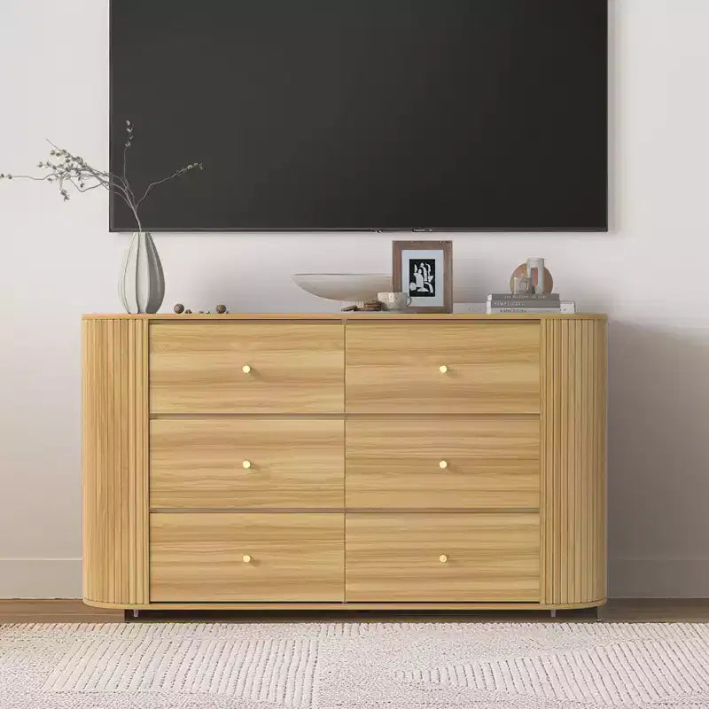 Cassettiera in legno a 6 cassetti con bordi curvi, cassettone con finitura rovere, contenitore stile Mid-Century Modern