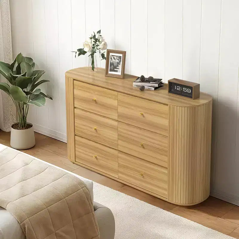 Cassettiera in legno a 6 cassetti con bordi curvi, cassettone con finitura rovere, contenitore stile Mid-Century Modern